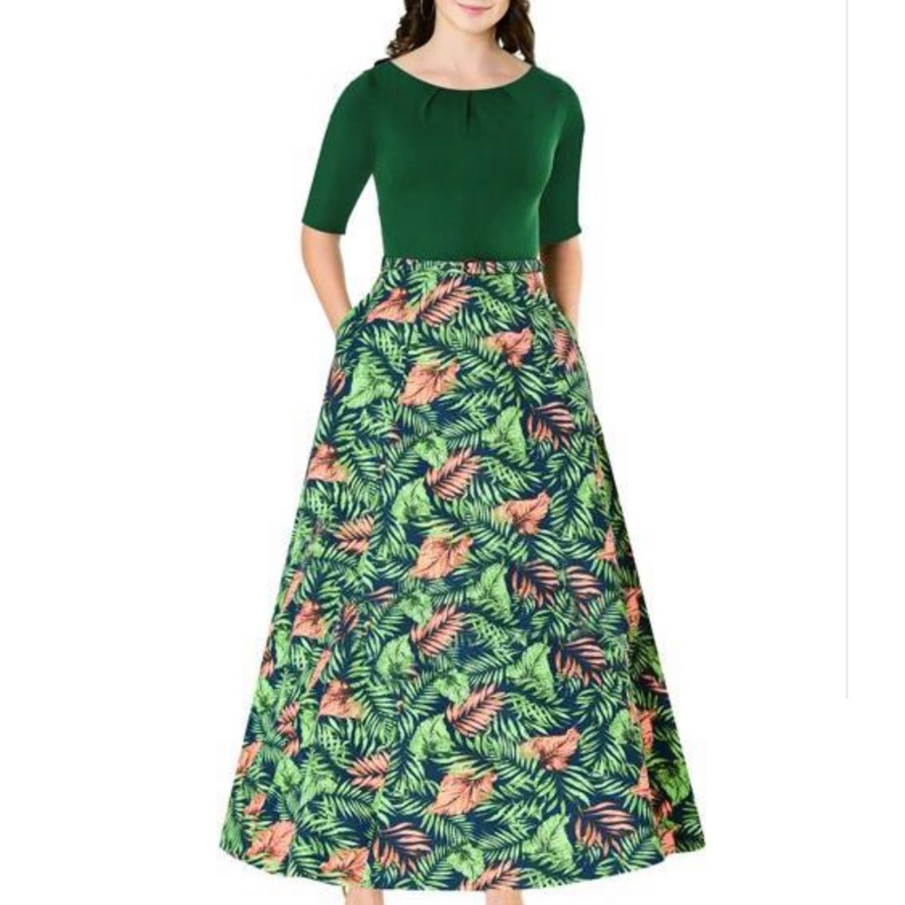 EShakti Plus Size 3X 26W Wayward Fancies Tropical Green Leaf Print Maxi Dress